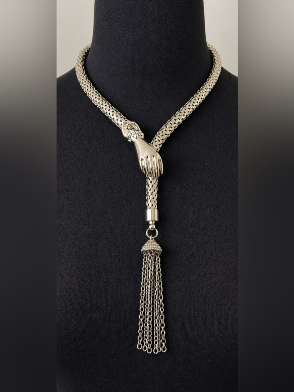 NEW DL Auld Vintage Mesh Snake Lariat Necklace Choker Silver 70s 80s NOS